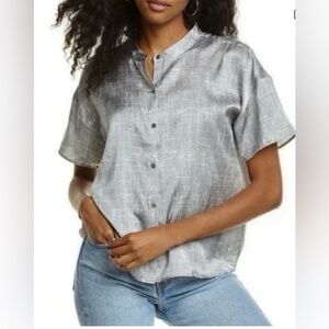 Eileen Fisher Drift Silk Organic Cotton Mandarin Collar Button Down Shirt